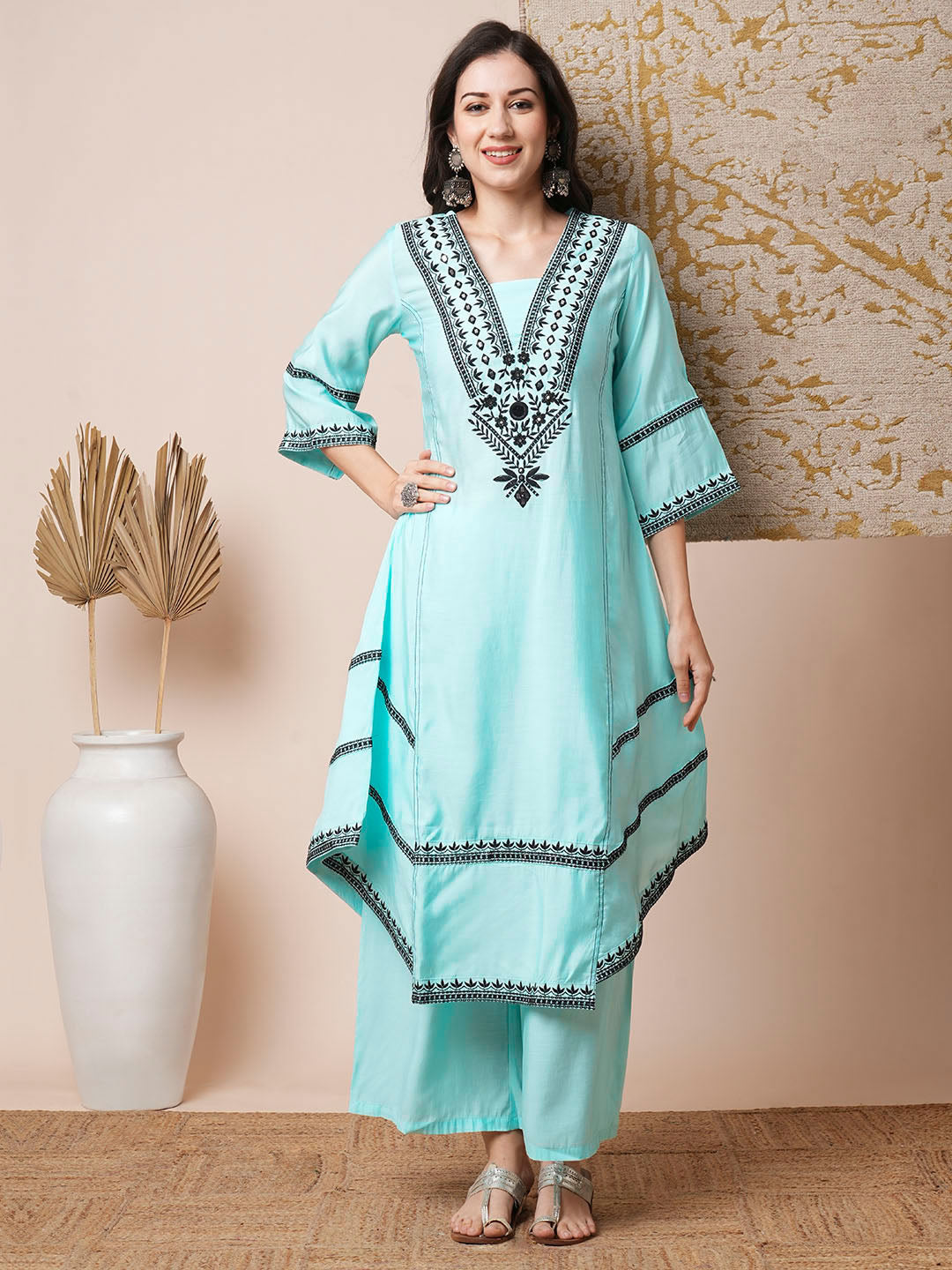 Solid Ethnic Mirror Embroidered A-Line Paneled High-Low Co-ord Set - Cyan Blue