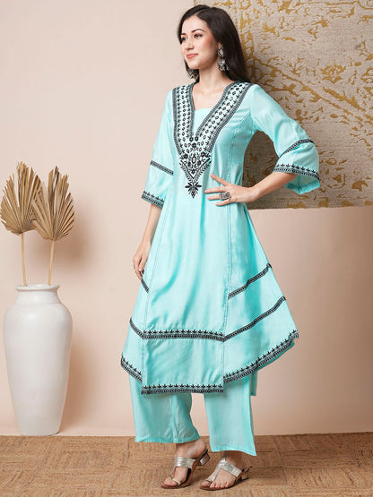 Solid Ethnic Mirror Embroidered A-Line Paneled High-Low Co-ord Set - Cyan Blue