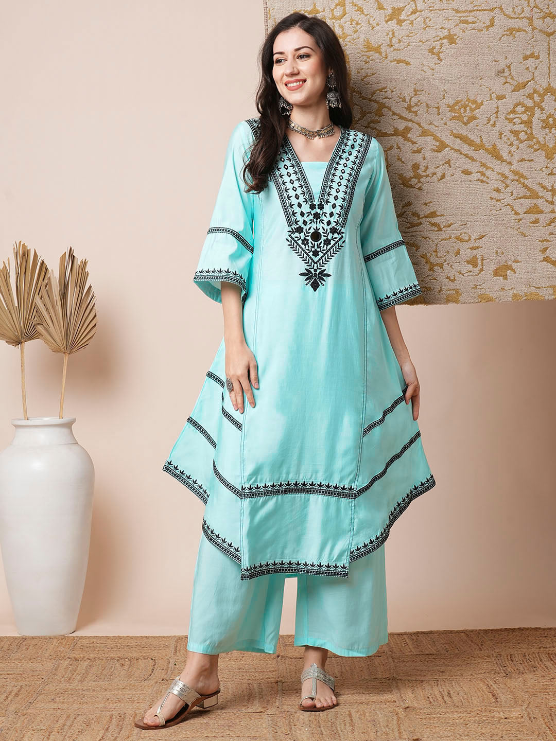 Solid Ethnic Mirror Embroidered A-Line Paneled High-Low Co-ord Set - Cyan Blue