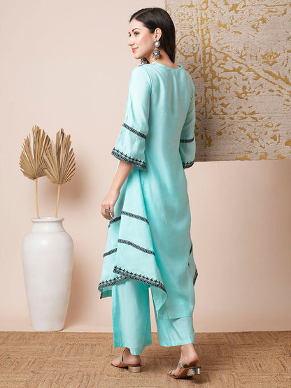 Solid Ethnic Mirror Embroidered A-Line Paneled High-Low Co-ord Set - Cyan Blue