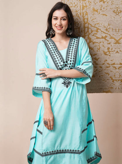 Solid Ethnic Mirror Embroidered A-Line Paneled High-Low Co-ord Set - Cyan Blue