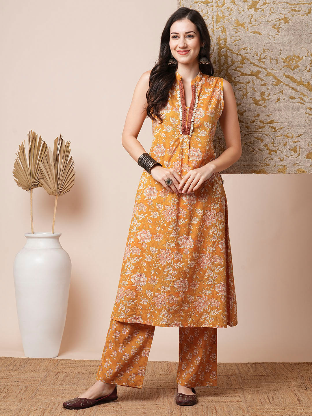 Floral Printed Embroidered A-Line Kurta with Palazzo - Yellow