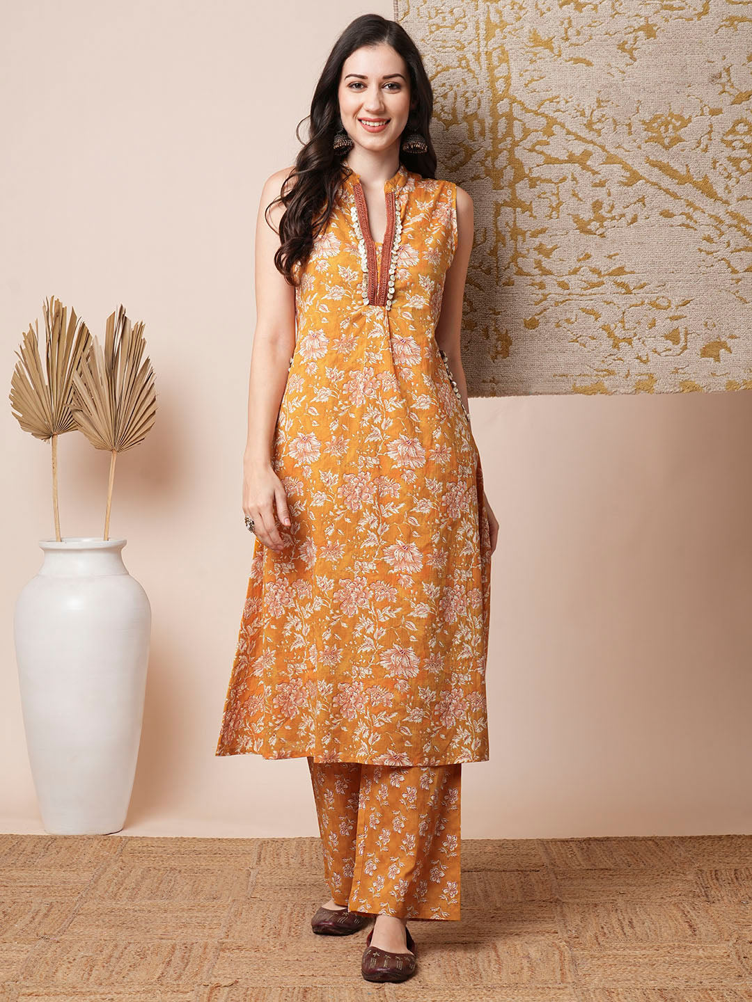 Floral Printed Embroidered A-Line Kurta with Palazzo - Yellow