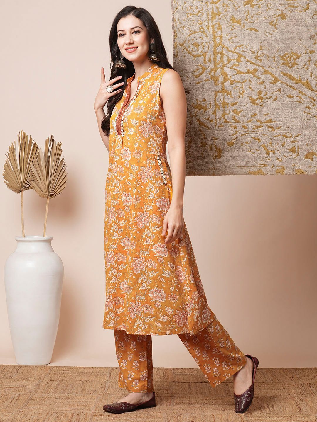 Floral Printed Embroidered A-Line Kurta with Palazzo - Yellow