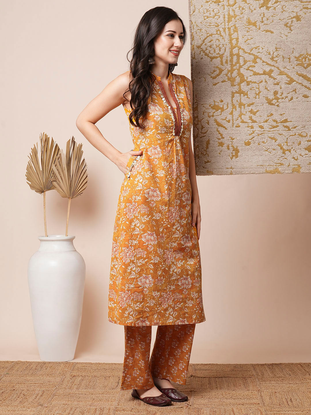 Floral Printed Embroidered A-Line Kurta with Palazzo - Yellow