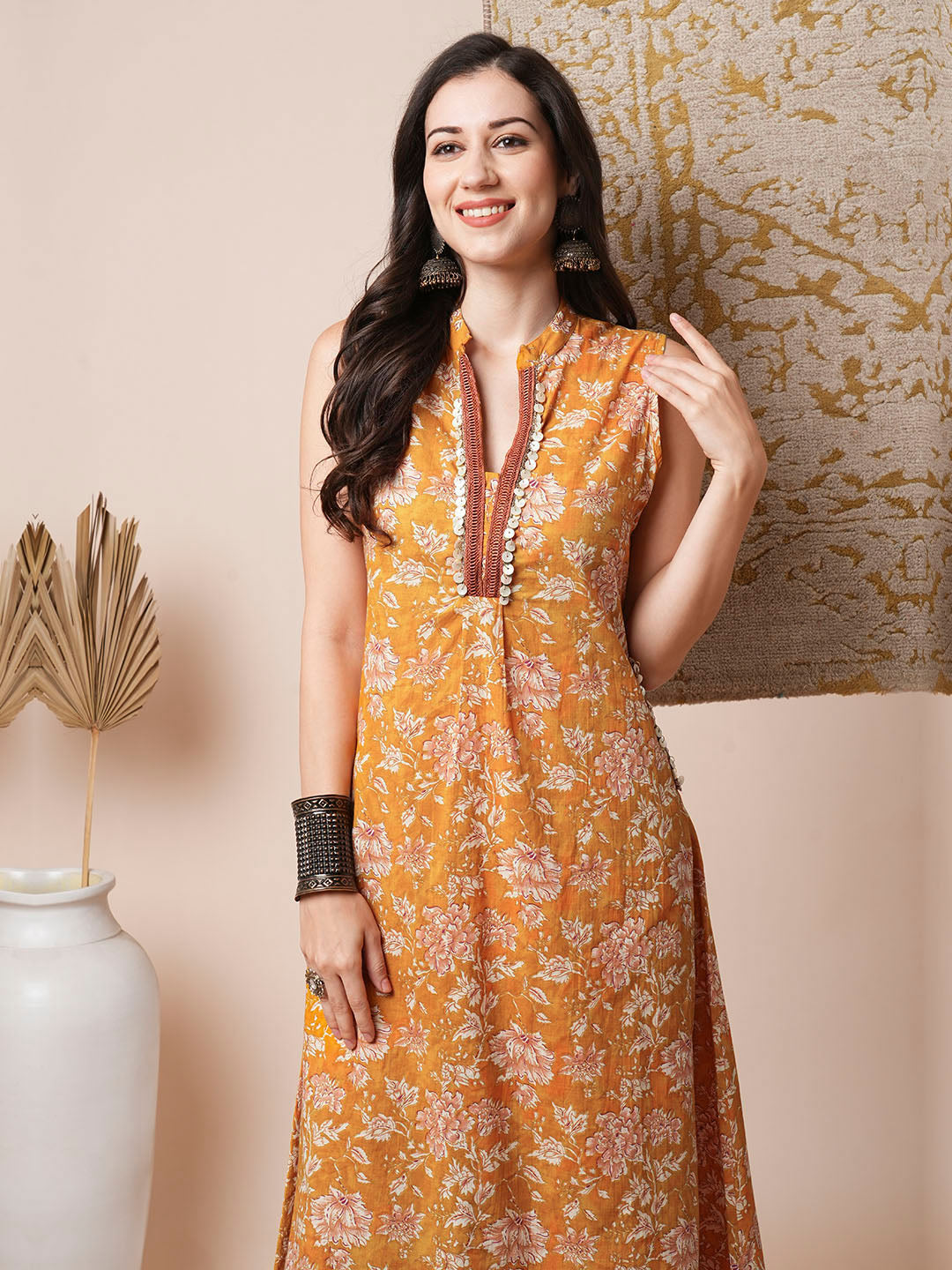 Floral Printed Embroidered A-Line Kurta with Palazzo - Yellow