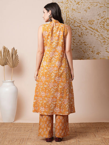 Floral Printed Embroidered A-Line Kurta with Palazzo - Yellow