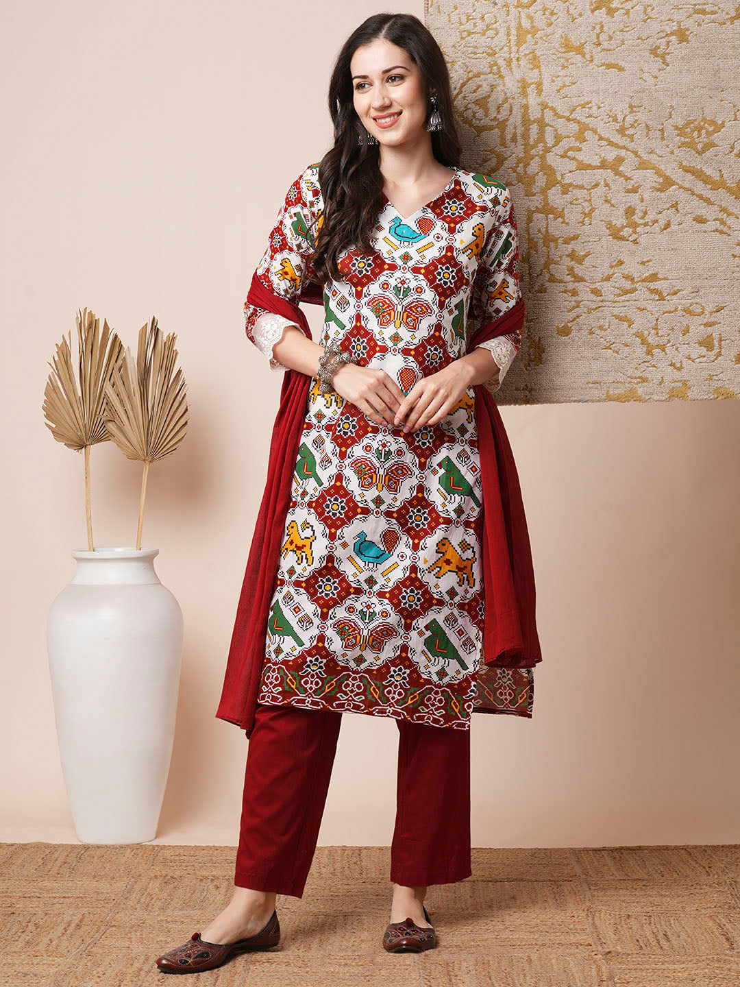 Ethnic Printed Straight Fit Kurta with Pant & Dupatta - Multi