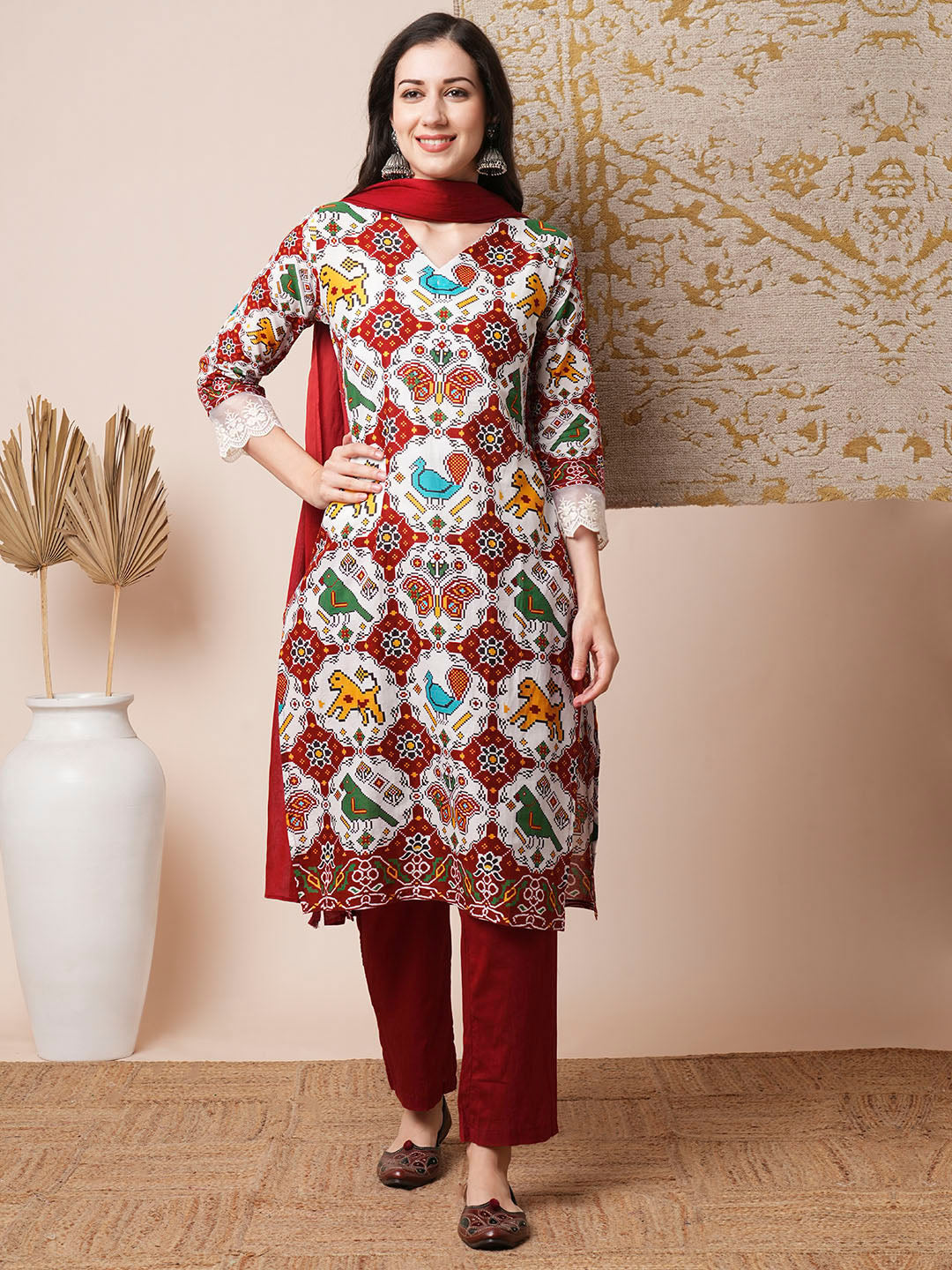 Ethnic Printed Straight Fit Kurta with Pant & Dupatta - Multi