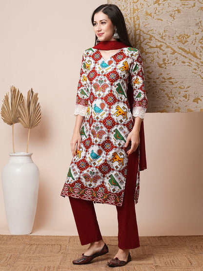 Ethnic Printed Straight Fit Kurta with Pant & Dupatta - Multi