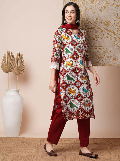 Ethnic Printed Straight Fit Kurta with Pant & Dupatta - Multi