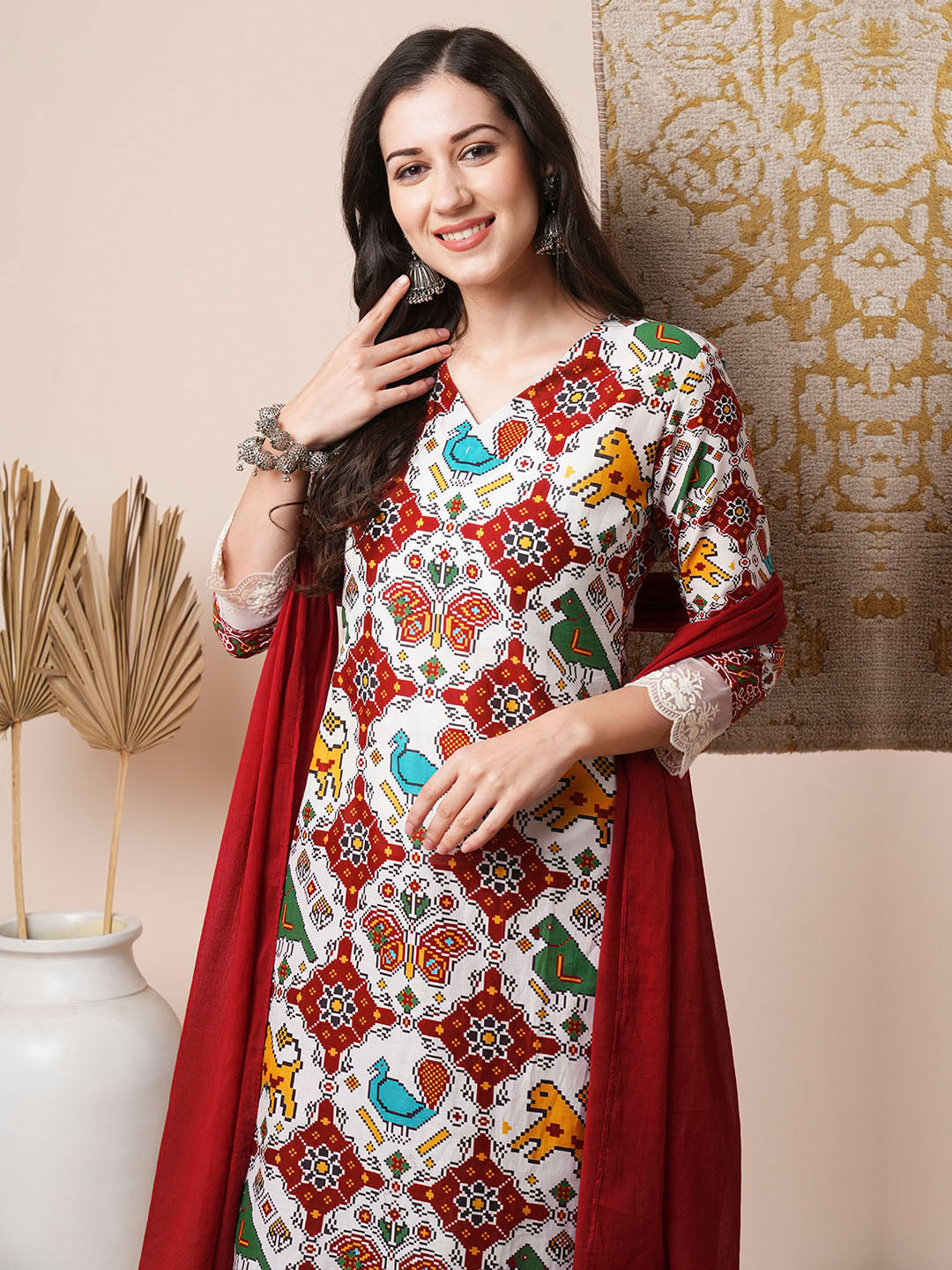 Ethnic Printed Straight Fit Kurta with Pant & Dupatta - Multi