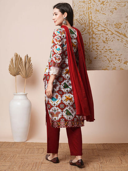 Ethnic Printed Straight Fit Kurta with Pant & Dupatta - Multi