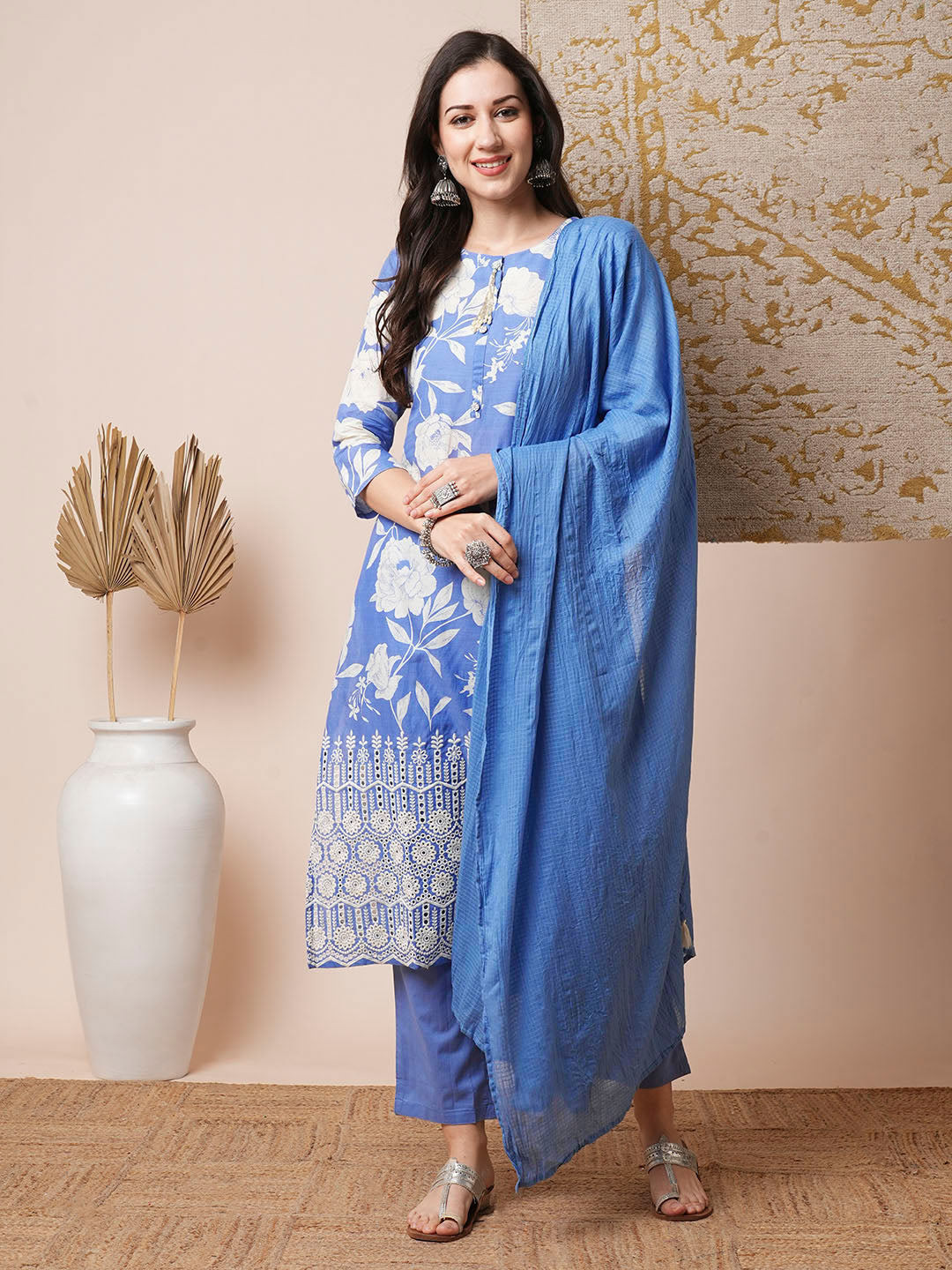 Floral Printed & Schiffli Embroidered Straight Fit Kurta with Pant and Dupatta - Blue