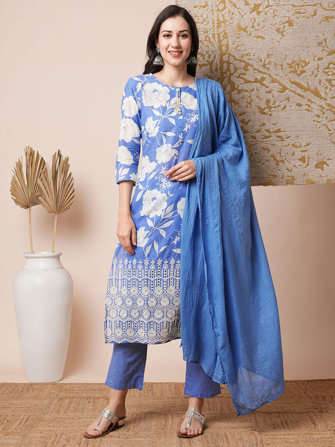 Floral Printed & Schiffli Embroidered Straight Fit Kurta with Pant and Dupatta - Blue