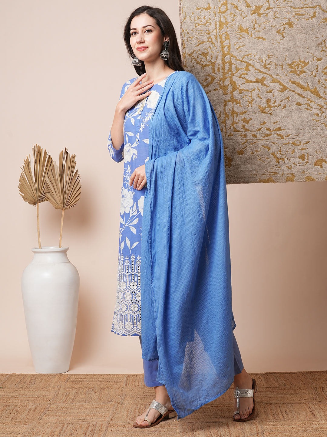 Floral Printed & Schiffli Embroidered Straight Fit Kurta with Pant and Dupatta - Blue