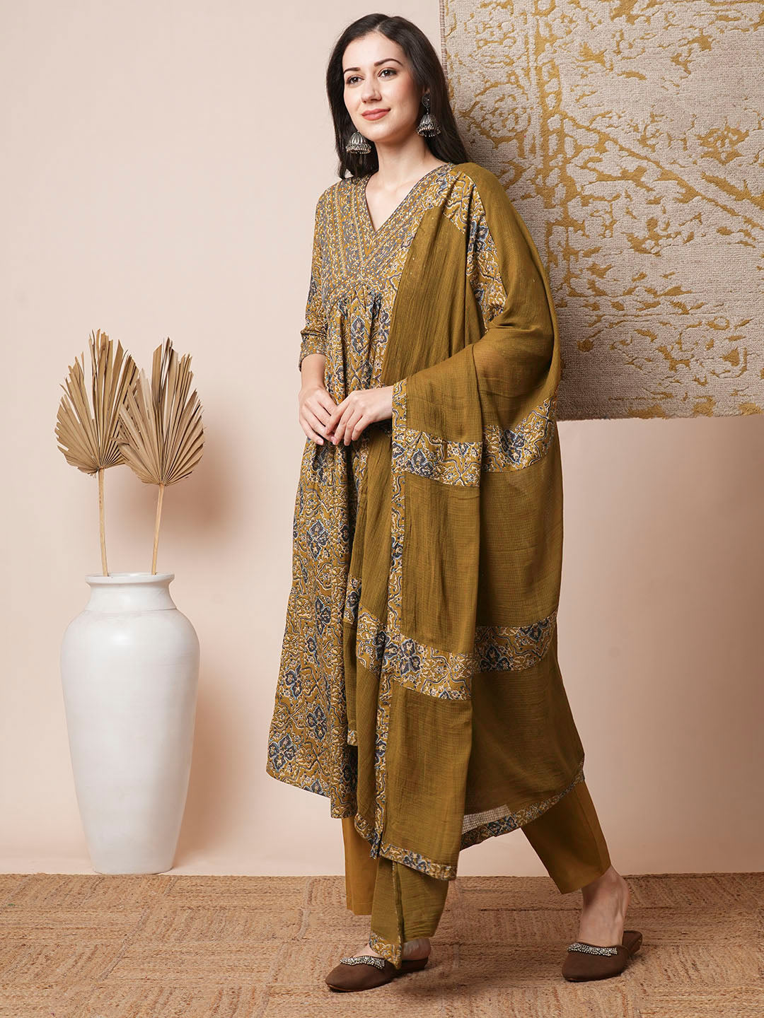 Floral Printed Embroidered A-Line Pleated Kurta with Pant and Dupatta - Mustard