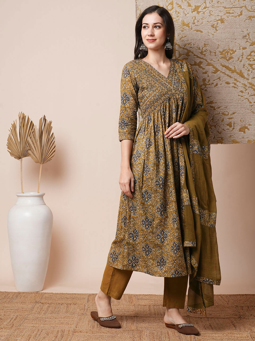 Floral Printed Embroidered A-Line Pleated Kurta with Pant and Dupatta - Mustard