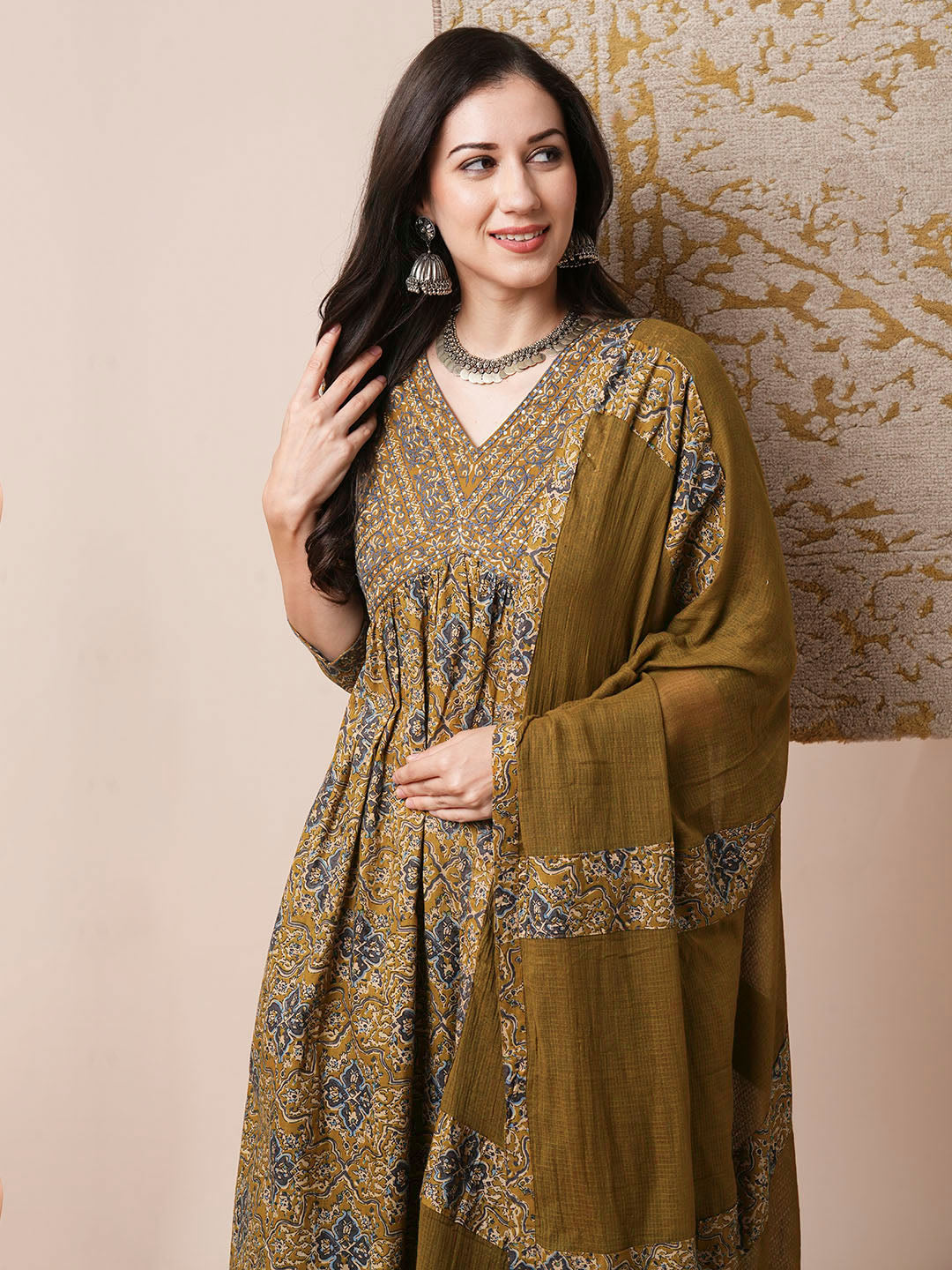 Floral Printed Embroidered A-Line Pleated Kurta with Pant and Dupatta - Mustard