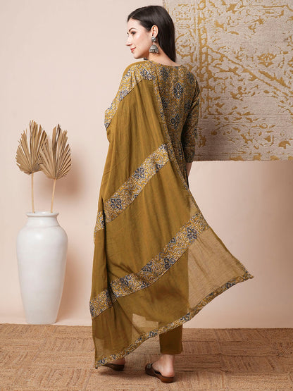 Floral Printed Embroidered A-Line Pleated Kurta with Pant and Dupatta - Mustard