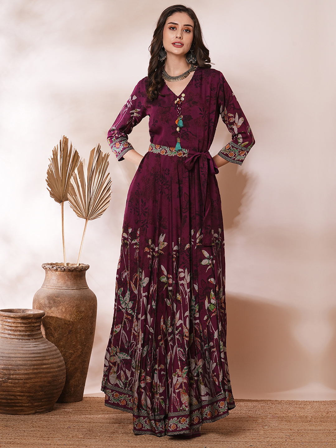 Burgundy floral maxi dress best sale