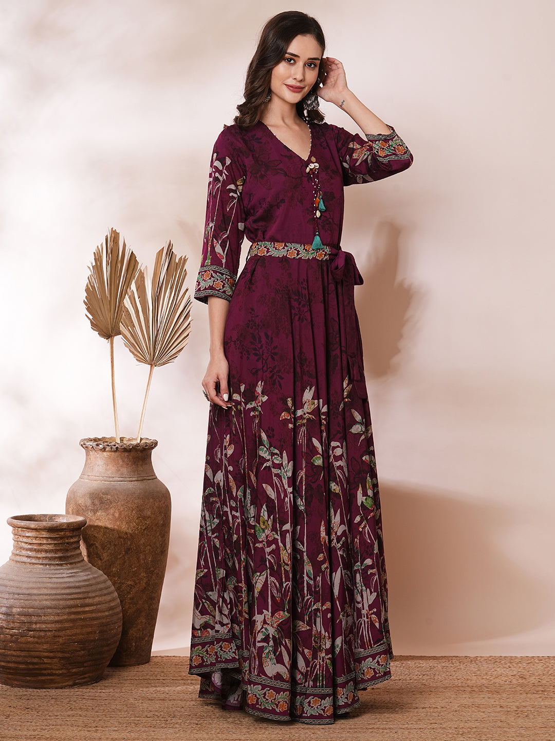 Abstract Floral Printed A Line Pleated Maxi Dress with Belt Burgundy FASHOR