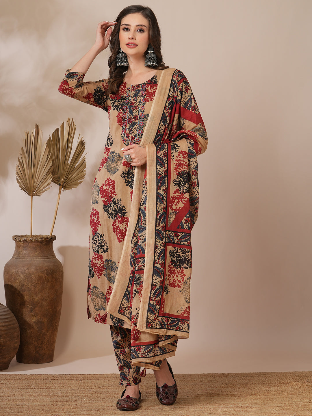 Ethnic Floral Printed & Embroidered Straight Fit Kurta with Pant & Dupatta - Camel Brown