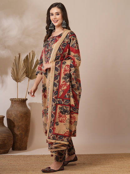 Ethnic Floral Printed & Embroidered Straight Fit Kurta with Pant & Dupatta - Camel Brown