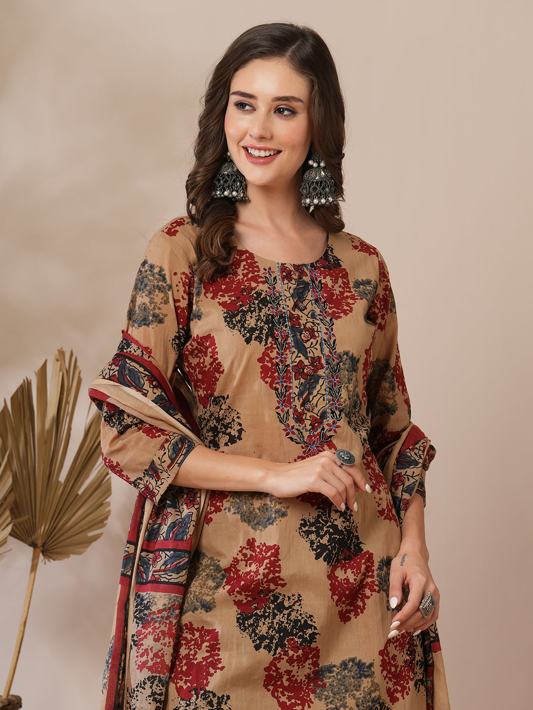 Ethnic Floral Printed & Embroidered Straight Fit Kurta with Pant & Dupatta - Camel Brown