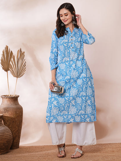 Ethnic Floral Printed Straight Fit Kurta - Blue