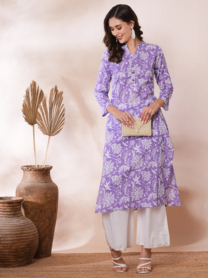 Ethnic Floral Printed Straight Fit Kurta - Purple