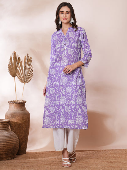 Ethnic Floral Printed Straight Fit Kurta - Purple