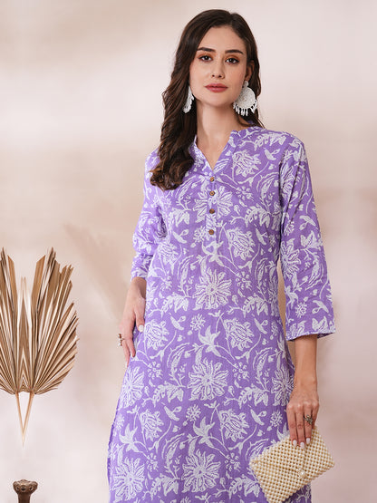 Ethnic Floral Printed Straight Fit Kurta - Purple