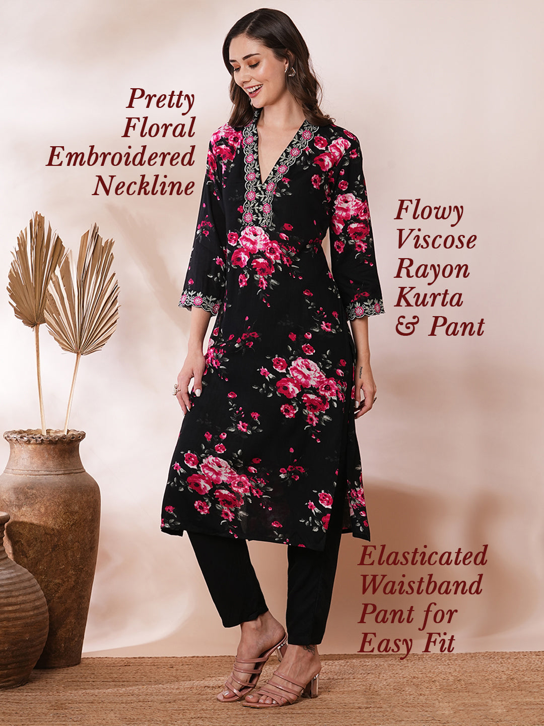 Floral Printed & Embroidered Straight Fit Kurta with Pant - Black