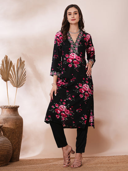 Floral Printed & Embroidered Straight Fit Kurta with Pant - Black