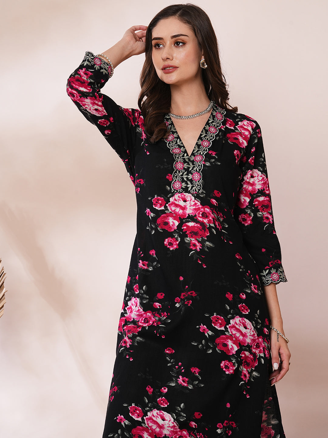 Floral Printed & Embroidered Straight Fit Kurta with Pant - Black