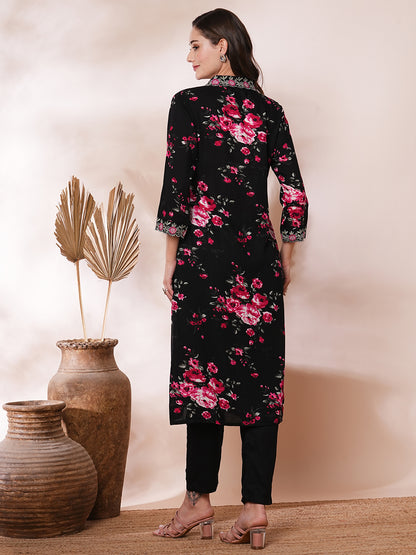 Floral Printed & Embroidered Straight Fit Kurta with Pant - Black