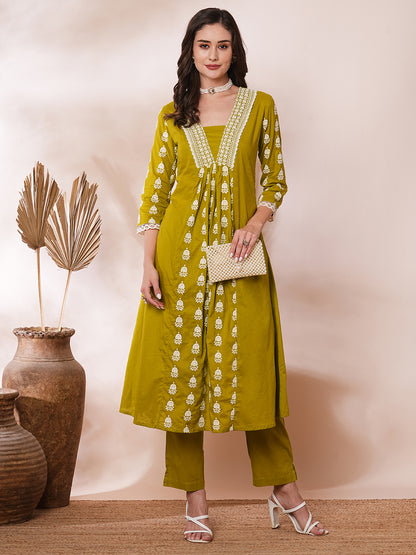 Solid Ethnic Embroidered A-Line Paneled Co-ord Set - Green