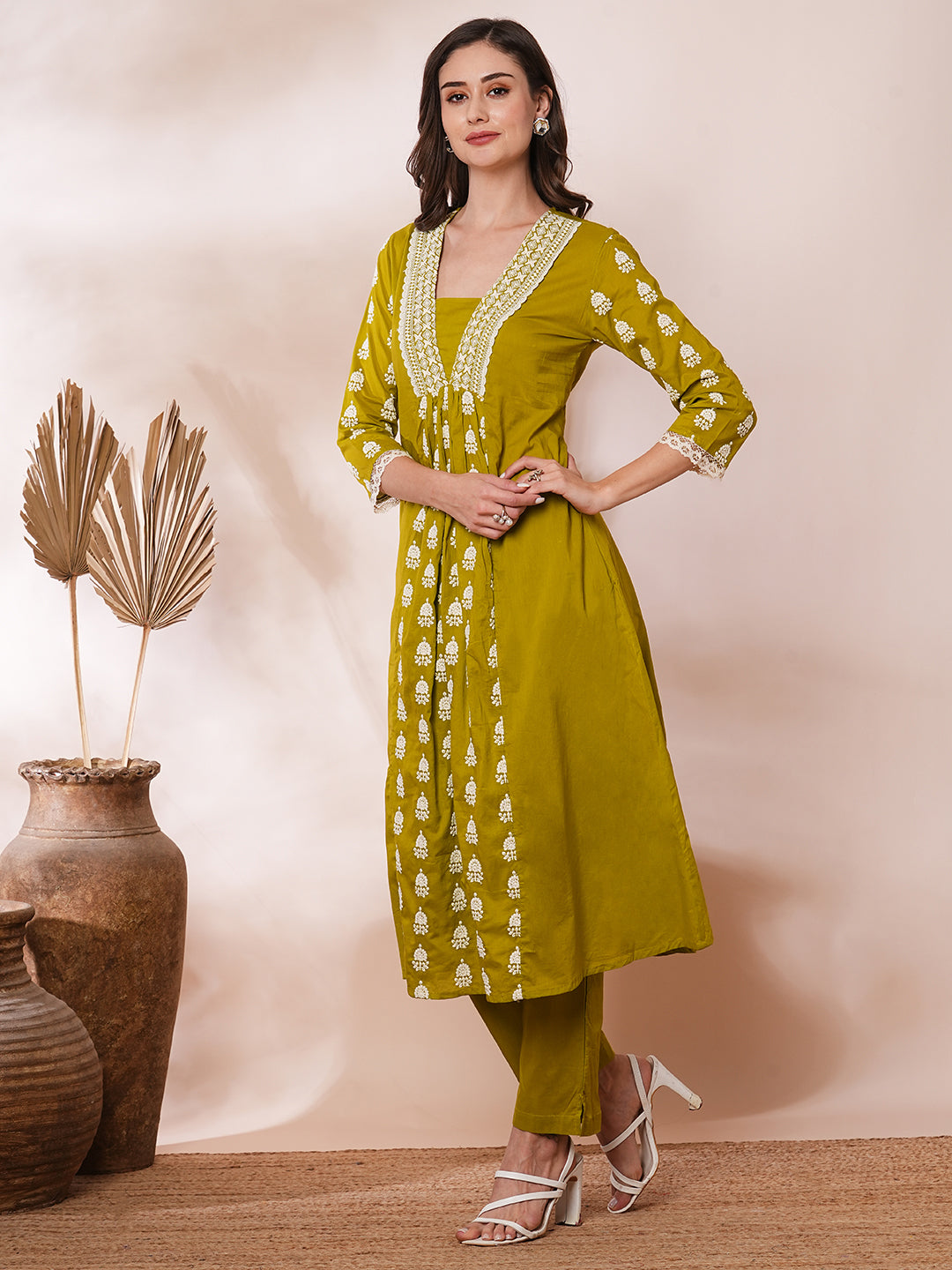 Solid Ethnic Embroidered A-Line Paneled Co-ord Set - Green