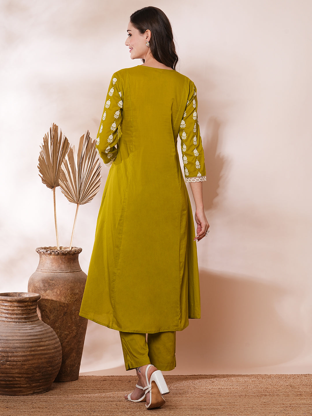 Solid Ethnic Embroidered A-Line Paneled Co-ord Set - Green