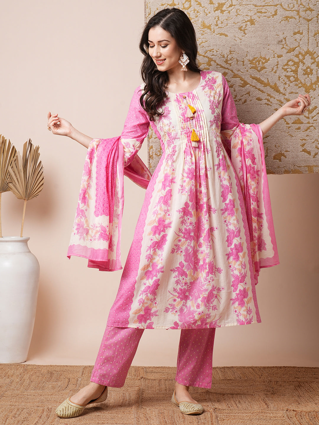 Ethnic Floral Printed Embroidered A-Line Kurta with Pant and Dupatta - Off White