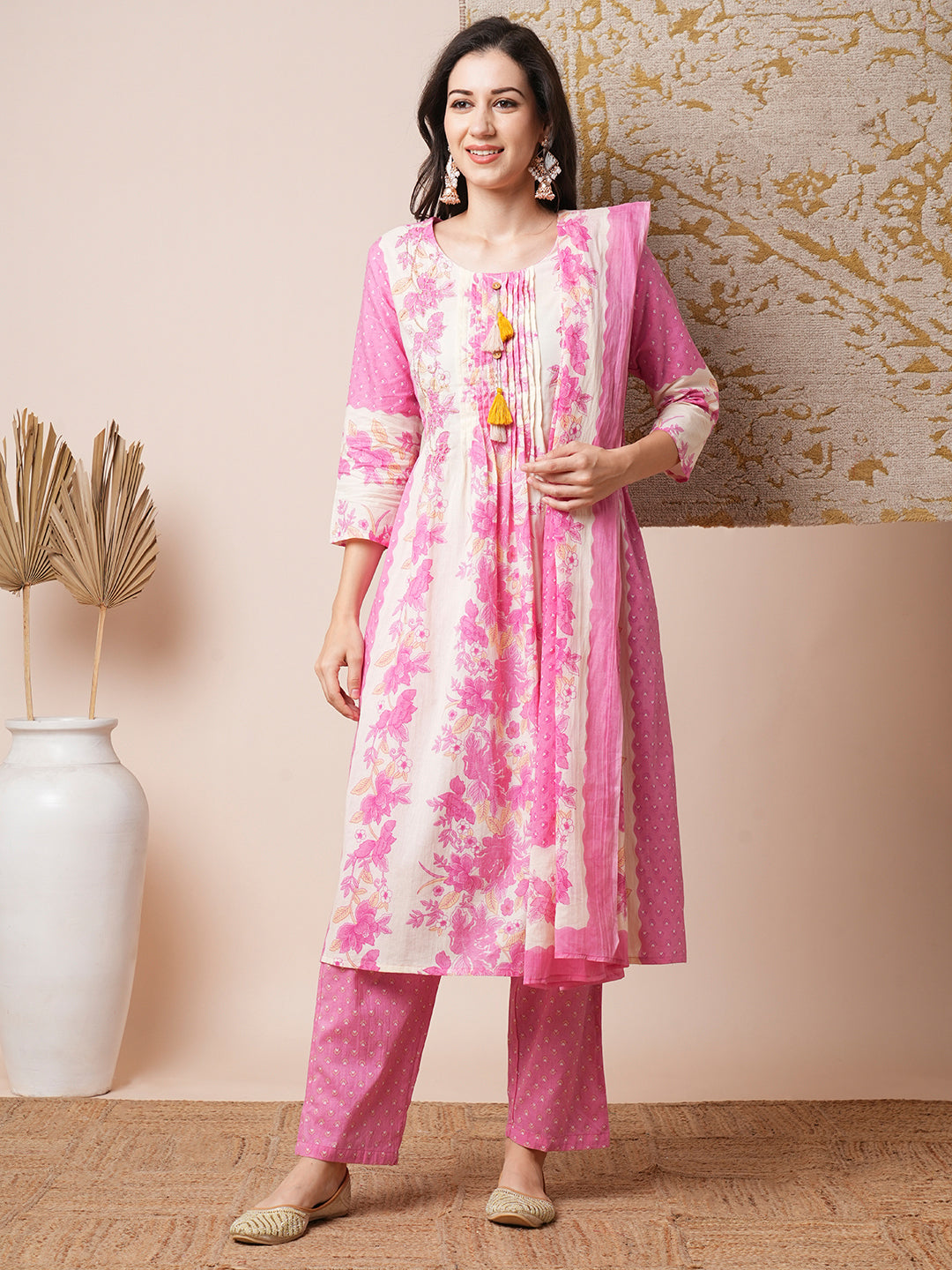 Ethnic Floral Printed Embroidered A-Line Kurta with Pant and Dupatta - Off White