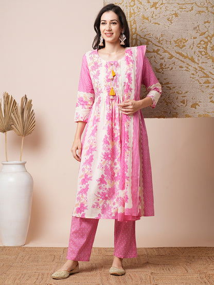 Ethnic Floral Printed Embroidered A-Line Kurta with Pant and Dupatta - Off White