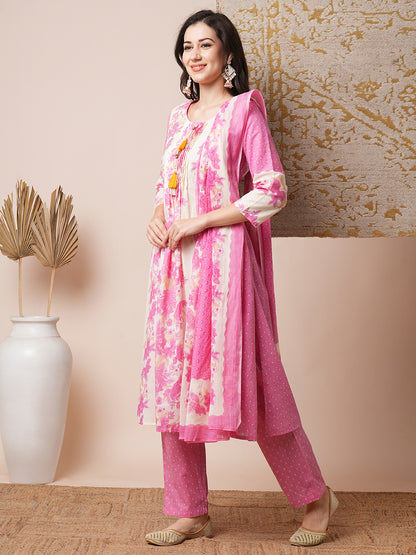 Ethnic Floral Printed Embroidered A-Line Kurta with Pant and Dupatta - Off White