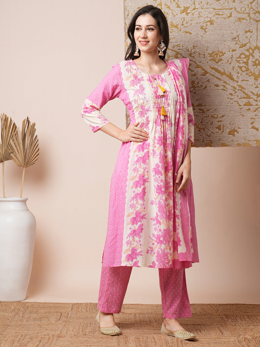 Ethnic Floral Printed Embroidered A-Line Kurta with Pant and Dupatta - Off White