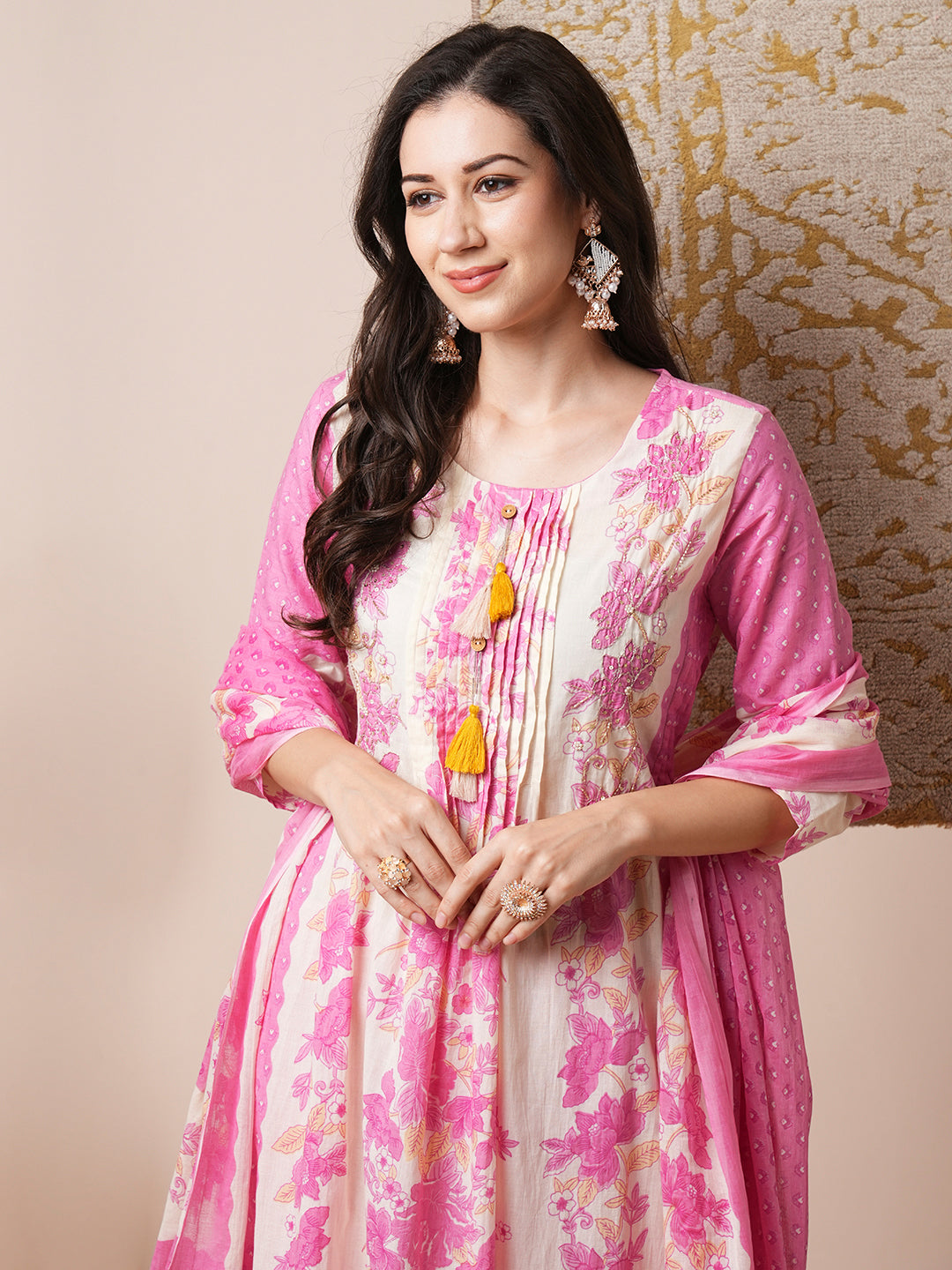 Ethnic Floral Printed Embroidered A-Line Kurta with Pant and Dupatta - Off White