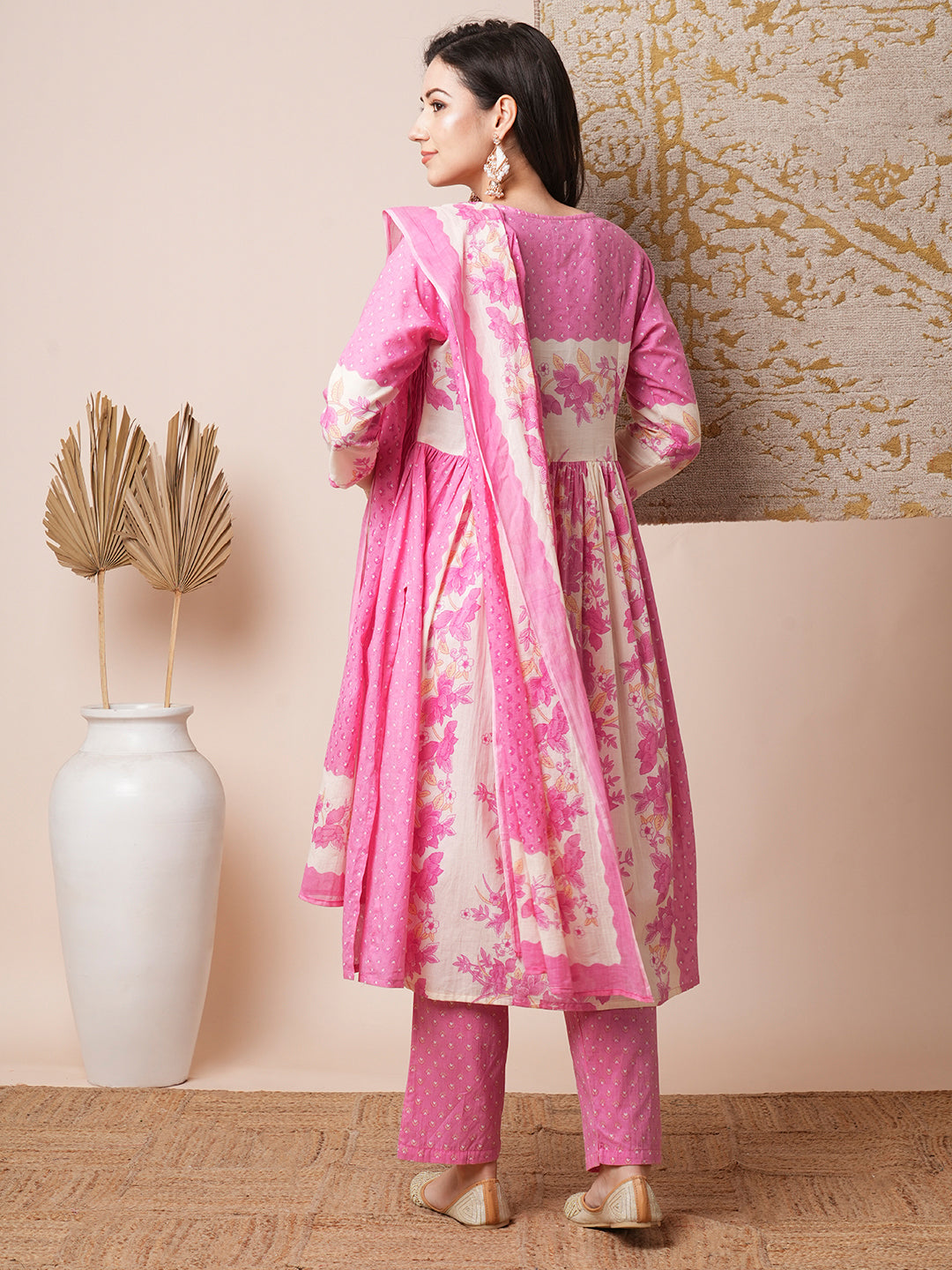 Ethnic Floral Printed Embroidered A-Line Kurta with Pant and Dupatta - Off White