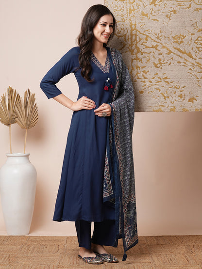 Solid Embroidered A-Line Paneled Kurta with Pant and Dupatta - Blue