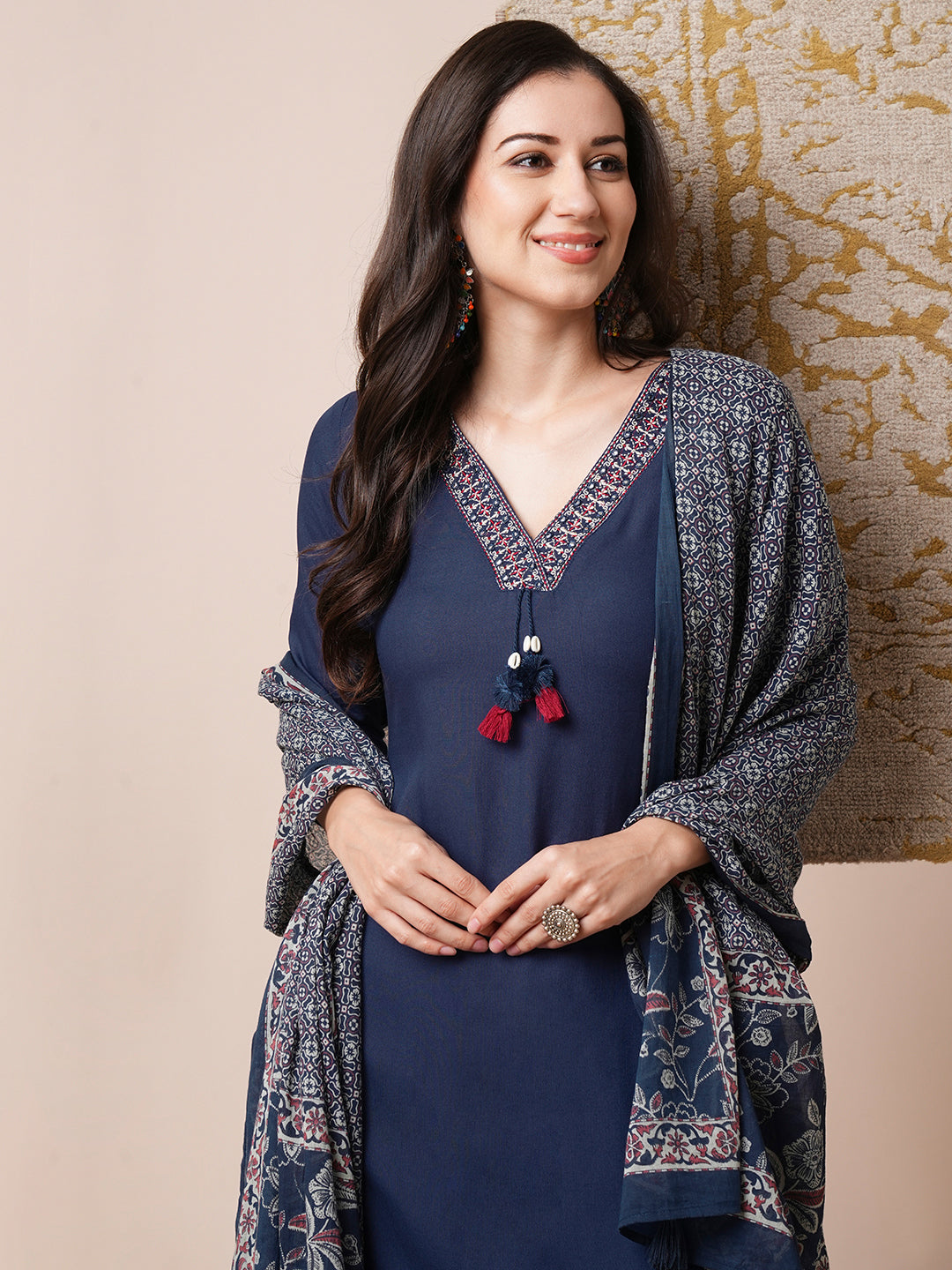 Solid Embroidered A-Line Paneled Kurta with Pant and Dupatta - Blue