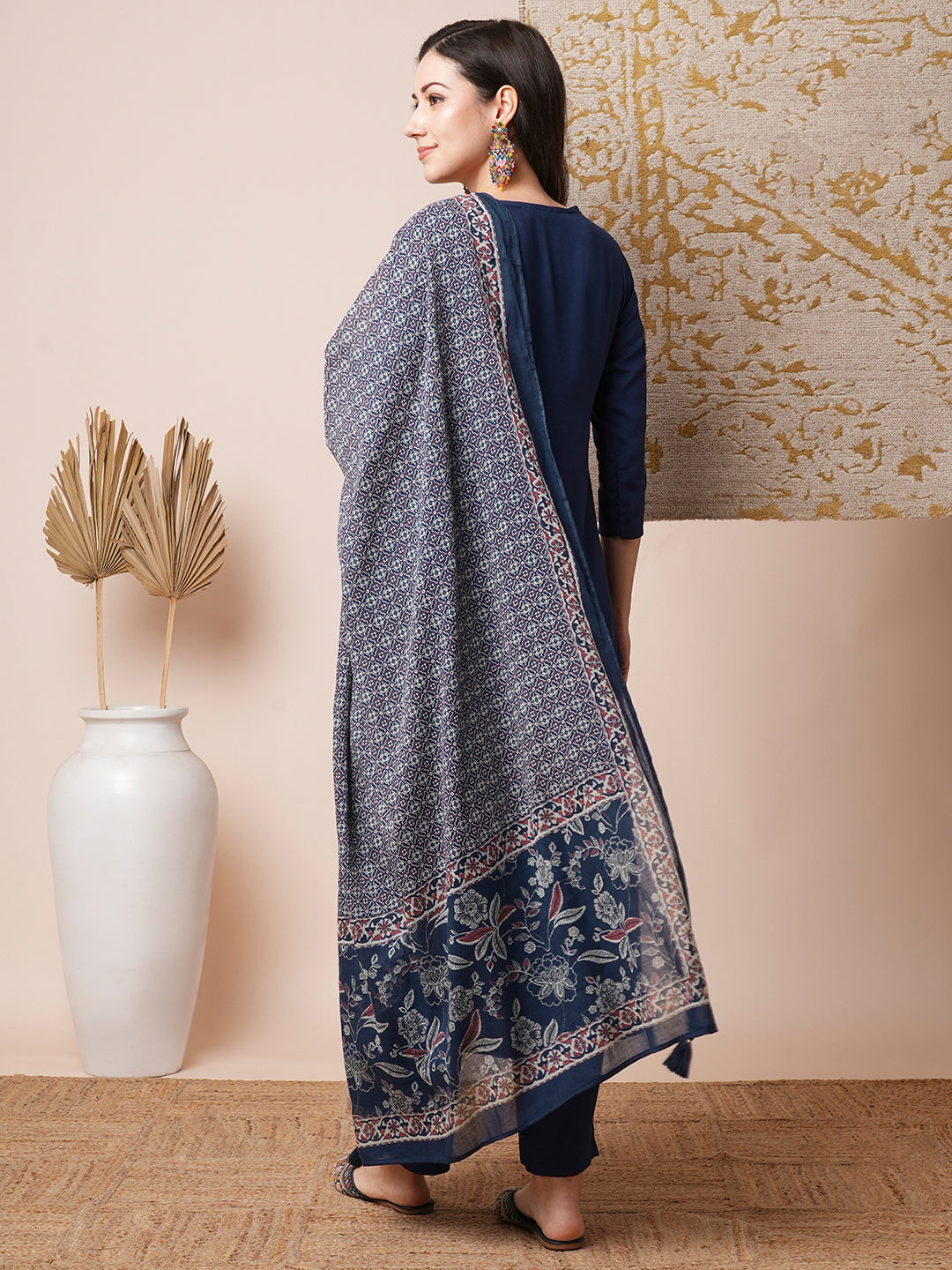 Solid Embroidered A-Line Paneled Kurta with Pant and Dupatta - Blue